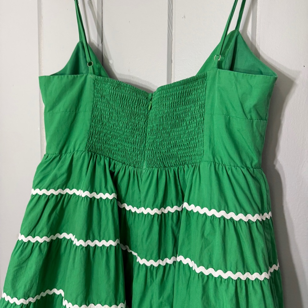 Moodie Green Babydoll Mini Dress Flare Ric Rac Trim Tie Front Smocked Back Large - Picture 13 of 15